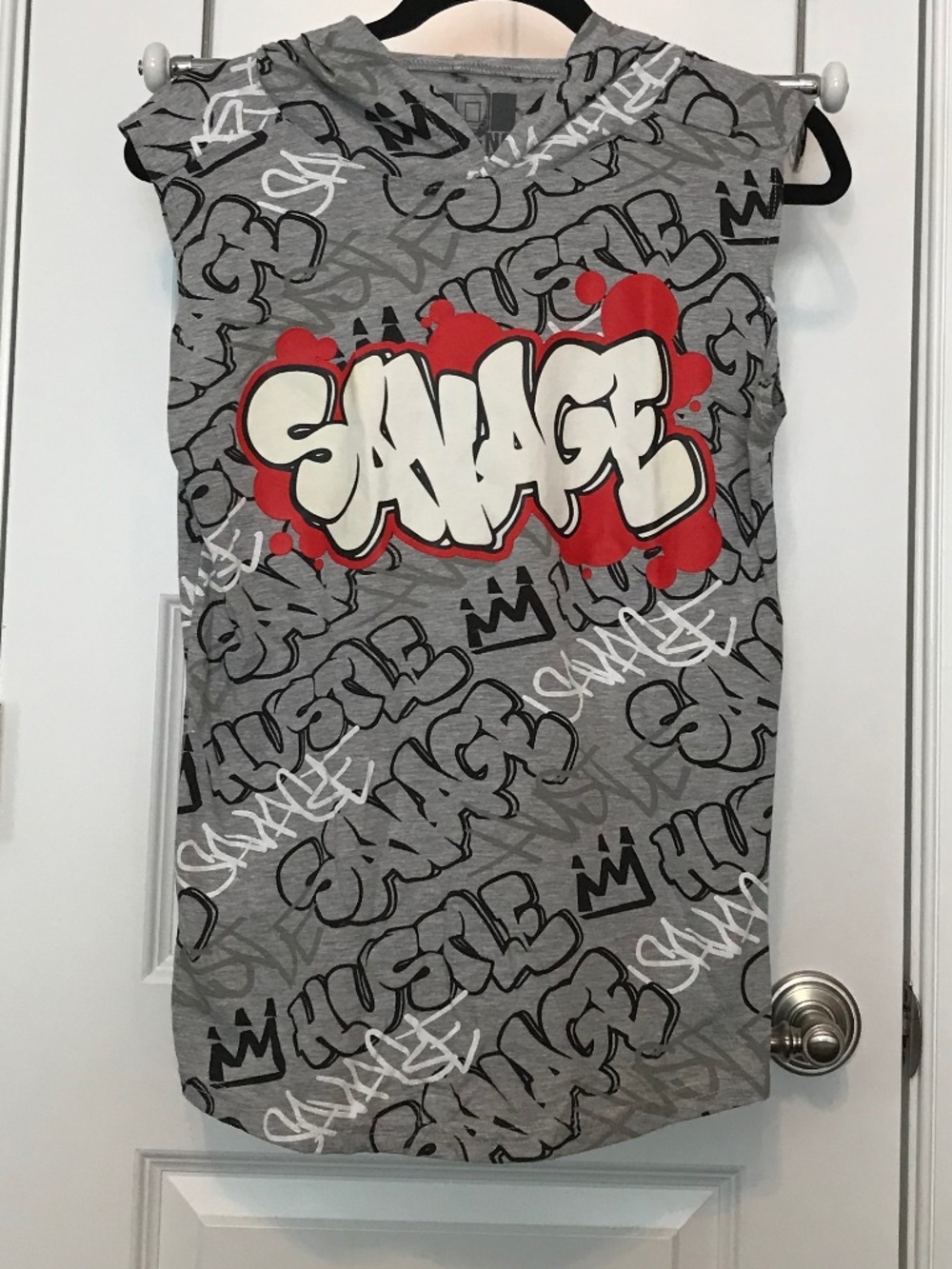 “Savage” sleeveless gray graffiti hoodie by OG Legend (S)